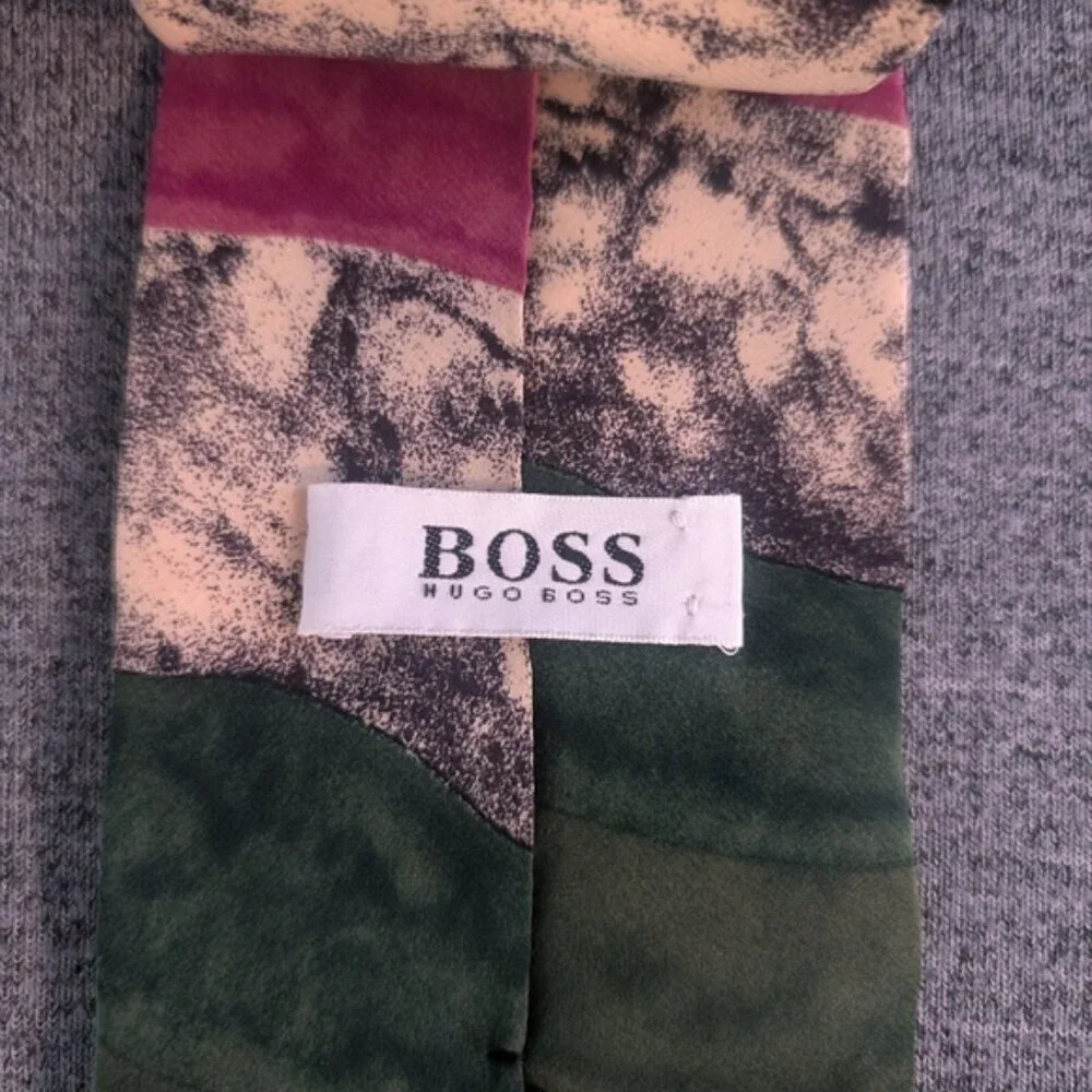 Vintage Hugo Boss Silk Tie, Green/Beige/Black/Green Watercolour Pattern, 57.25" - Picture 3 of 4